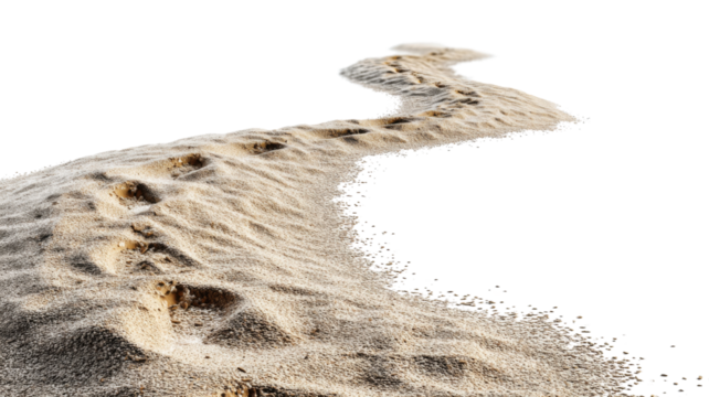 Footprints winding through sand dune on transparent background