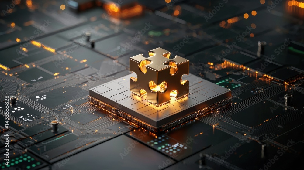 Poster digital connection concept with puzzle shapes lighting up on modern technology base