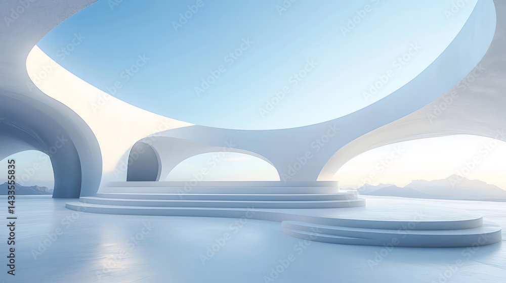 Poster 白く広々とした建築空間 青空と一体化した未来的なデザイン シンプルで洗練された雰囲気