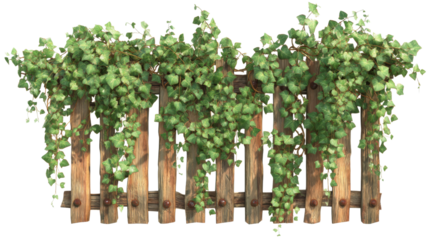 Ivy hanging on wooden fence with transparent background