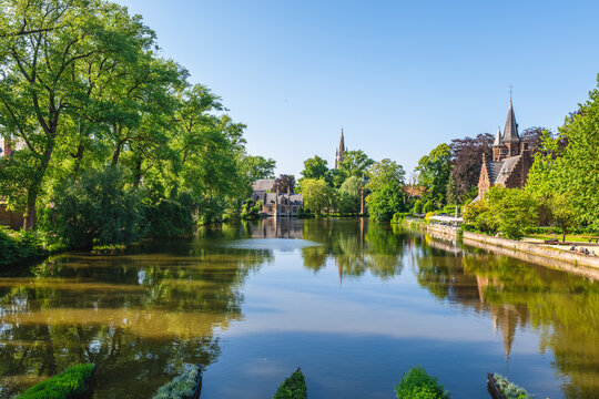 Scenery of Minnewater, the lake of love, located in Bruges, Belgium
