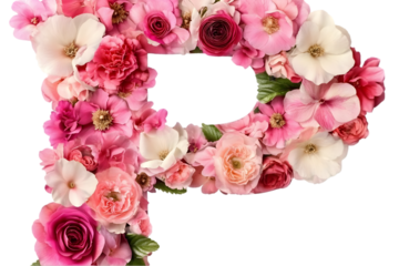 Isolated Letter P Formed by Pink Floral Arrangement on Transparent Background
