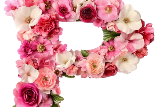 Isolated Letter P Formed by Pink Floral Arrangement on Transparent Background