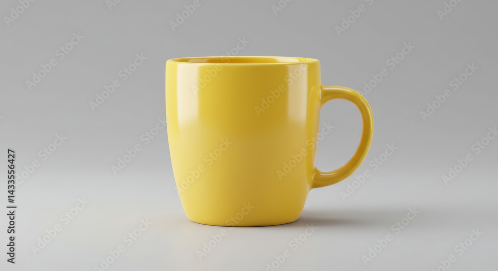 Poster yellow mug mockup with no design in a studio setting. empty mug displayed on a plain gray background