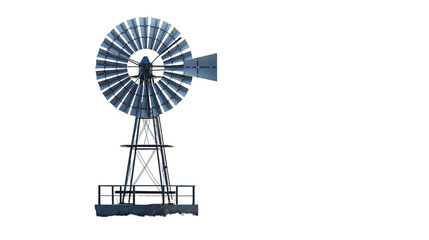 Metal windmill in rural landscape, vintage farm equipment countryside scene