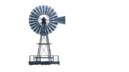 Metal windmill in rural landscape, vintage farm equipment countryside scene