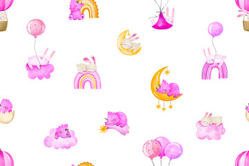 Newborn bunny, rabbit, dinosaurs sleep in sky on cloud, rainbow and fly in sky. Baby girl pink seamless pattern. Repeated background for kids