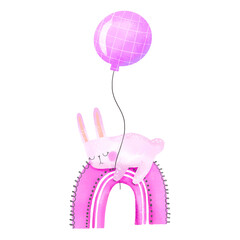 Cute Rabbit dreaming on pink rainbow and fly on air balloon. Its a girl baby shower watercolor illustration on isolated background. Sky. Perfect for baby room, textile, print, sticker