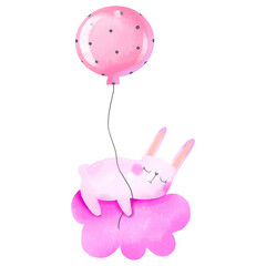 Cute Rabbit sleeping on pink cloud and fly on air balloon. Its a girl baby shower watercolor illustration on isolated background. Newborn. Perfect for baby room, textile, print, sticker