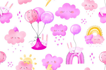 Newborn baby rabbit, buuny dreaming on cloud. sleep. Bunny fly on air balloon. Girly pink seamless pattern. Its a girl baby shower background