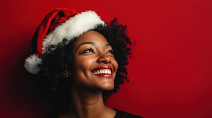 African-American woman smiles, looks up, wearing Santa hat, exudes joy, celebrates holiday season.