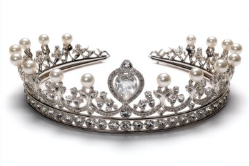 Elegant diamond and pearl tiara designed for royalty, isolated on white background, showcasing intricate craftsmanship and luxury