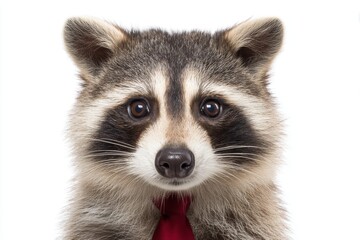 Raccoon dressed in a business suit with a red tie poses proudly in a close-up portrait on a white background