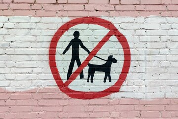 No dogs allowed sign. A sign prohibiting walking dogs is painted on the wall of a building