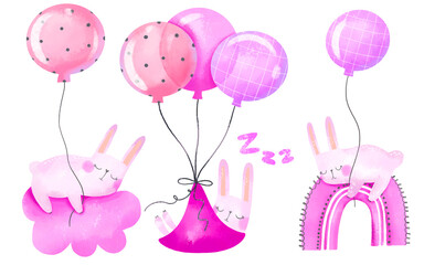 Cute Rabbits dreaming on cloud. Bunny fly on air balloon. Its a girl baby shower watercolor illustration on isolated background