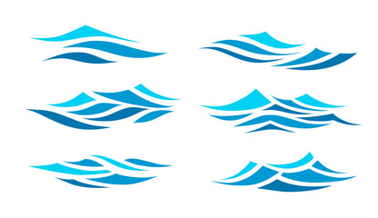 Collection of abstract wave icons in modern flat style. Dynamic ocean wave shapes, decorative marine elements. Suitable for summer design, labels and backgrounds