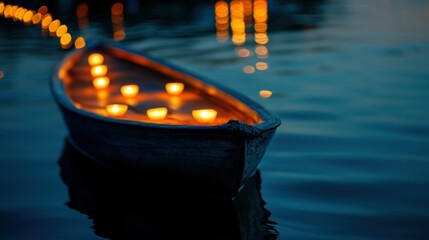 Small boat floating on water with candles burning inside it
