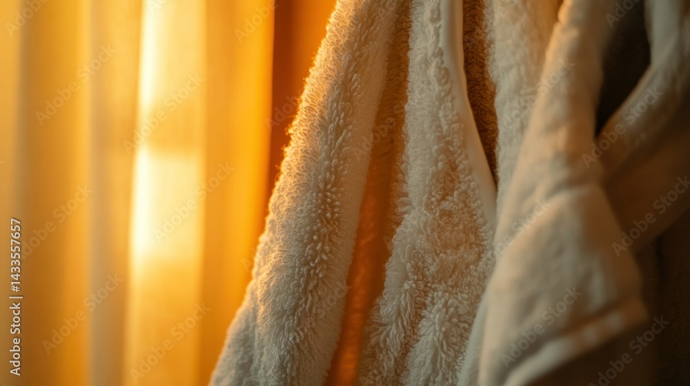 Poster A soft textured robe hangs with light shining through curtains