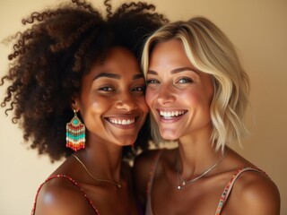 Retrato de dos mujeres sonrientes de diferentes or&iacute;genes, piel luminosa y expresiones alegres, abrazando la belleza en la diversidad