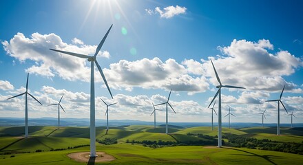 Wind Turbines Spinning Against a Cloudy Sky in Rolling Green Hills: Clean Energy Farm, Renewable Resources, Sunny Day, Sustainable Development, Modern Technology, Eco-Friendly Future, Environmental