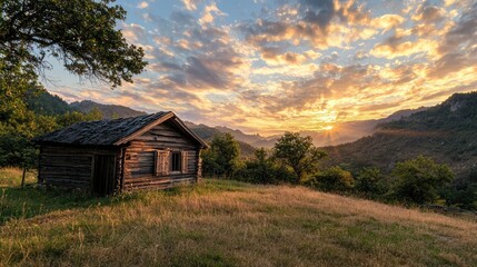 A rustic wooden cabin in the mountains at sunrise.