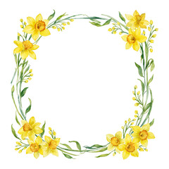 Fototapeta premium Vintage Frame made of Daffodil Flowers Elegant Floral Isolated Hand Drawn Watercolor Painting Illustration