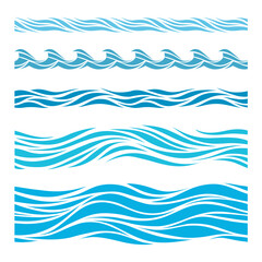 Fototapeta premium Blue seamless wave dividers set. Vector ocean lines and wave elements for decoration, banners and design projects with marine themes