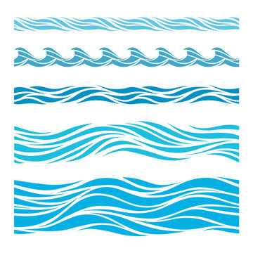 Blue seamless wave dividers set. Vector ocean lines and wave elements for decoration, banners and design projects with marine themes