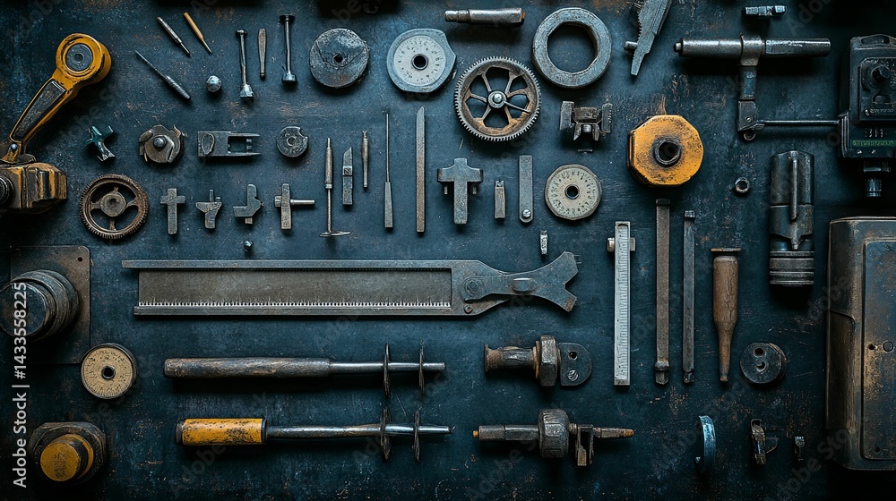 Poster Top-down view of various metallic tools and components on a dark surface.
