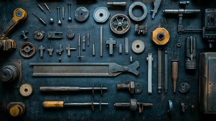 Top-down view of various metallic tools and components on a dark surface.