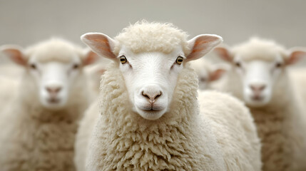 Fototapeta premium Close Up Portrait Of A White Sheep With Focused Eyes And Soft Fur Standing In A Farm With Other Blurred Sheep In The Background