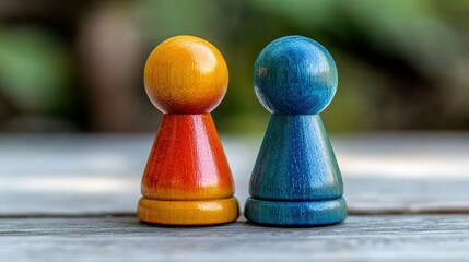 Two wooden game pieces, one blue and one orange, placed on a wooden table with a blurred background, showcasing a minimalist game element scene.