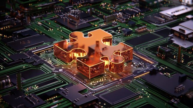 Futuristic puzzle symbol of collaboration glowing on an AI-inspired circuit background