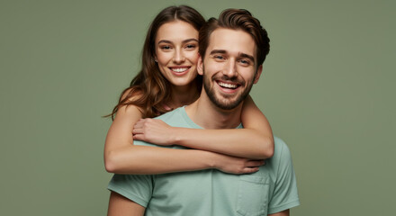 Young couple embracing in soft sage green clothing against a plain backdrop. Smiling and affectionate pose in a studio setting.