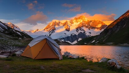 Obraz premium Majestic sunset over snow-capped mountain peak with a campsite by a lake.
