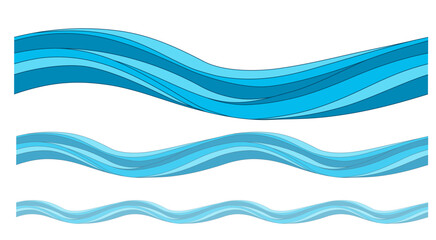 Collection of seamless flowing wave ribbons with abstract shapes and clean aqua design. Decorative ocean-inspired elements for backgrounds and banners