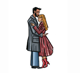 Lovers hugging color illustration made by hand
