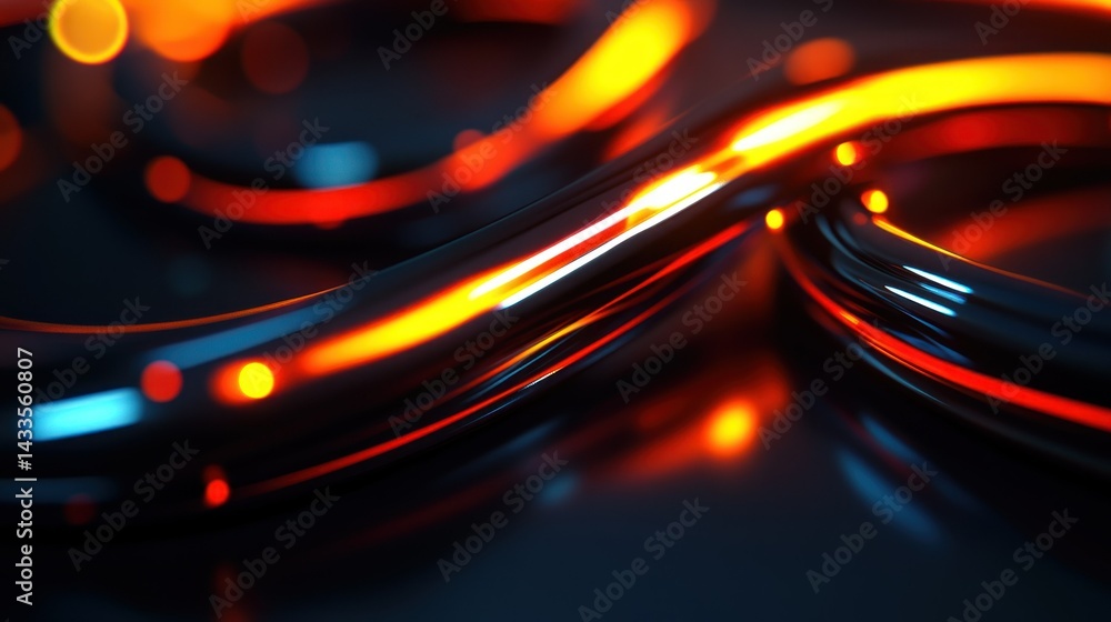 Poster abstract image of flowing illuminated tubes and blurred light circles