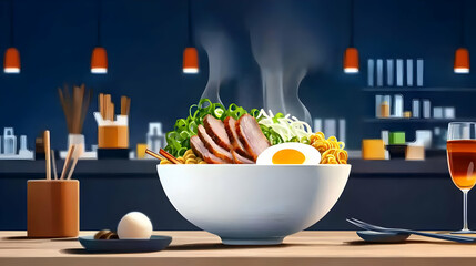 Steaming Ramen Bowl In Dark Restaurant Interior