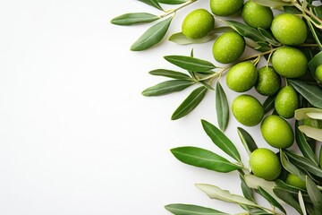 Green olive on white background. AI generated illustration.