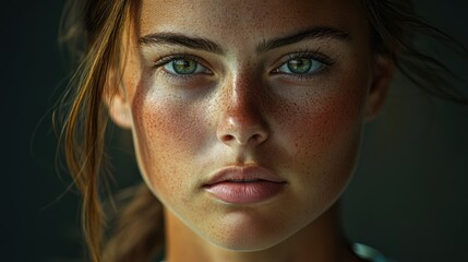 Fototapeta premium Young Caucasian woman gazes intently, her freckled face bathed in soft light showcasing her beauty.