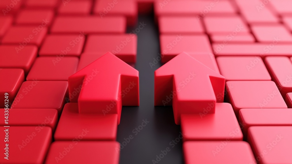 Fototapete A close-up of red keyboard keys featuring upward arrows, symbolizing progress or direction in a digital or technological context.