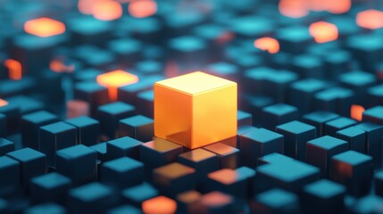 A vibrant 3D image of a standout yellow cube among numerous darker cubes, emphasizing contrast and depth in a digital landscape.