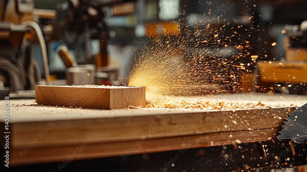 Poster precise woodworking tools in action creating wood chips.