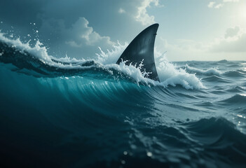 Fototapeta premium Shark fin breaks surface of ocean waves at dusk showcasing marine life in vibrant waters