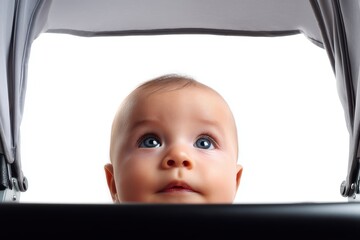 Baby gazes up curiously from stroller with bright blue eyes and soft skin against a white background