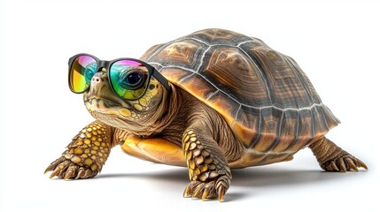 Obraz premium Playful turtle with a rainbow-colored shell and sunglasses, isolated on white