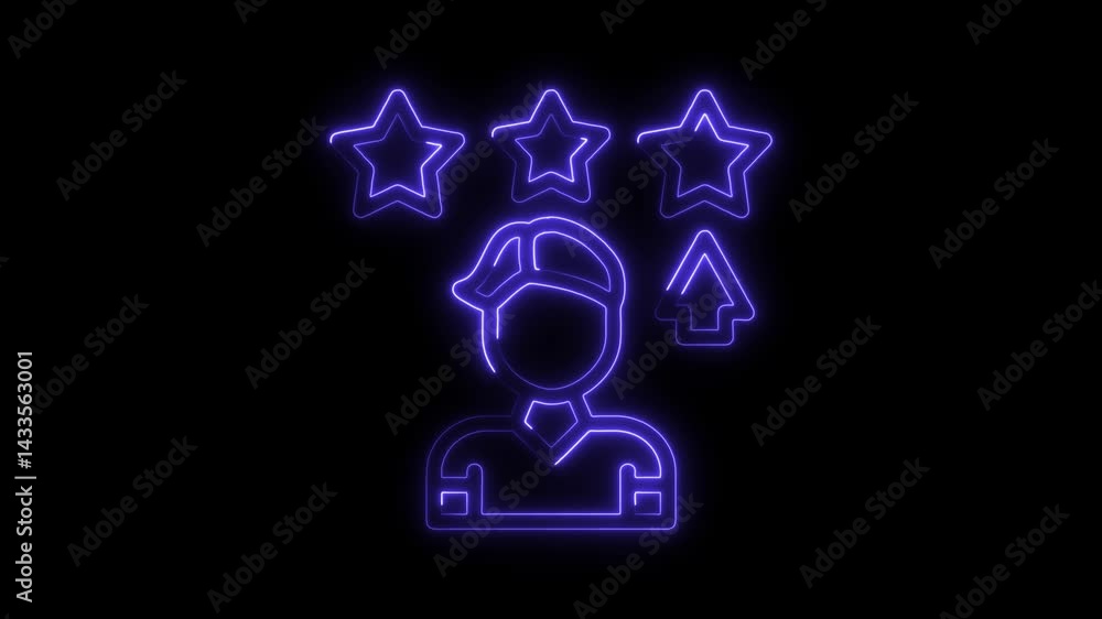 Poster neon style user review rating concept man with stars and arrow glowing on black background