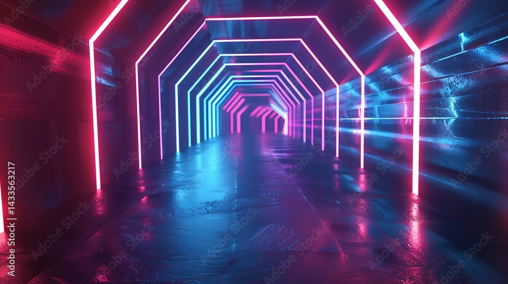 Poster perspective view down a futuristic corridor or tunnel formed by glowing octagonal neon frames in vib