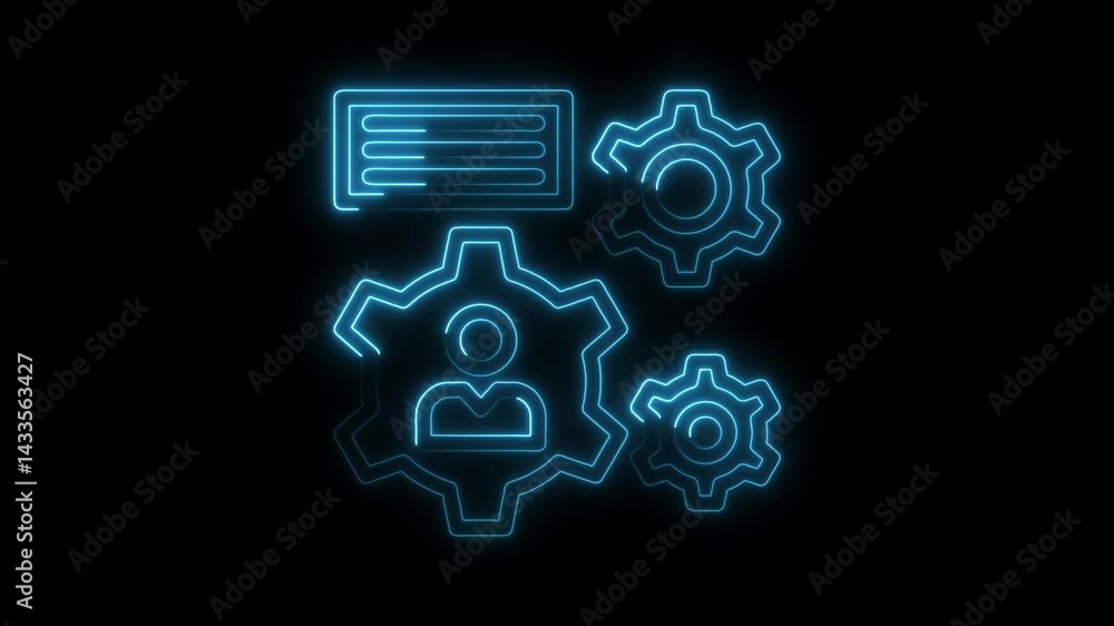 Poster neon technology concept animation featuring gears and user management systems on black background re